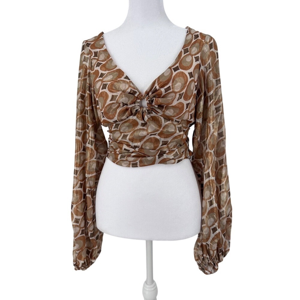 Urban‎ Outfitters Kary Wrap Kayhole Crop Top Long Sleeve Sheer Retro Print S